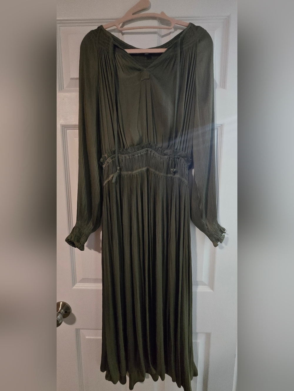 Current Air Olive Long-Sleeve Pleated Maxi Dress